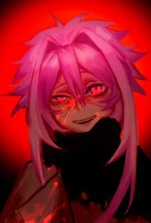 Rule 34 | 1boy, black capelet, blood, blood on face, capelet, chinese commentary, commentary request, grey shirt, hair between eyes, hair intakes, highres, looking at viewer, male focus, nijou ryuu, partial commentary, patchwork skin, pink hair, portrait, red eyes, saibou shinkyoku, sakuramuying, shirt, short hair with long locks, smile, solo, torn capelet, torn clothes, uneven eyes, white blood cell (hataraku saibou)