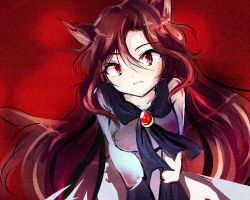 Rule 34 | 1girl, animal ears, bad id, bad pixiv id, bent over, brooch, brown hair, fang, imaizumi kagerou, jewelry, long hair, long sleeves, looking at viewer, red eyes, shirt, solo, tail, touhou, upper body, uranaishi (miraura), v arms, very long hair, wide sleeves, wolf ears, wolf tail