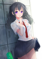 Rule 34 | 1girl, bad id, bad pixiv id, between breasts, black hair, bra visible through clothes, breasts, clothes lift, female focus, finger to mouth, highres, locker, long hair, looking at viewer, necktie, original, purple eyes, sakurai unan, school uniform, see-through, shirt, skirt, skirt lift, smile, solo, standing, wet, wet clothes, wet hair, wet shirt, wet skirt