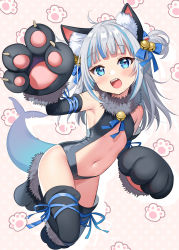 Rule 34 | 1girl, alternate costume, animal ear fluff, animal ears, animal hands, armpit crease, bare shoulders, bell, blue hair, blunt bangs, cat ears, cat paws, cosplay, fate/kaleid liner prisma illya, fate (series), fins, fish tail, flat chest, fur trim, gawr gura, gloves, hair bell, hair ornament, highres, hololive, hololive english, illyasviel von einzbern, illyasviel von einzbern (cosplay), long hair, midriff, multicolored hair, navel, neck bell, paw gloves, piyopoyo, shark tail, sharp teeth, silver hair, solo, tail, teeth, thighhighs, two-tone hair, two side up, virtual youtuber, zettai ryouiki