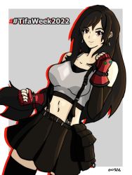 Rule 34 | black hair, border, final fantasy, final fantasy vii, gloves, grey background, highres, long hair, navel, red eyes, self-upload, simple background, skirt, smile, square enix, suspenders, tagme, tifa lockhart, victoria mikoto, white border