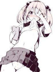 Rule 34 | 10s, 1girl, blush, bra, cellphone, clothes in mouth, clothes lift, covering one eye, hair bobbles, hair ornament, highres, kantai collection, lifted by self, midriff, monochrome, mouth hold, navel, no bra, panties, pantyshot, phone, polka dot, polka dot panties, sazanami (kancolle), school uniform, selfie, serafuku, shirt in mouth, shirt lift, skirt, skirt lift, smartphone, solo, sumisu (mondo), twintails, underwear, white panties