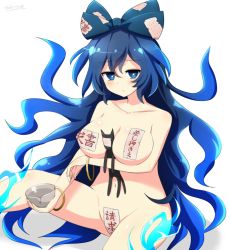 Rule 34 | 1girl, bad id, bad pixiv id, bangle, between breasts, blue eyes, blue hair, blush, bow, bracelet, breast hold, breasts, cleavage, closed mouth, collarbone, covered erect nipples, cup, debt, drinking glass, expressionless, hair bow, holding, holding cup, jewelry, kisaragi zwei, large breasts, long hair, looking at viewer, navel, nude, simple background, sitting, solo, stuffed animal, stuffed cat, stuffed toy, touhou, twitter username, very long hair, white background, yorigami shion