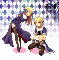 Rule 34 | 1boy, 1girl, abs, argyle, argyle background, argyle clothes, black footwear, black gloves, black shirt, black thighhighs, blonde hair, blue bow, blue cape, blue eyes, blue jacket, blush, book, bow, breasts, brown pants, cape, closed mouth, commentary request, crop top, cross, cross necklace, dress, fingerless gloves, full body, fur-trimmed cape, fur-trimmed jacket, fur trim, garter straps, gloves, hair bow, holding, holding book, jacket, jewelry, juliet sleeves, leaning forward, long hair, long sleeves, looking at viewer, medium breasts, necklace, open clothes, open jacket, open mouth, pants, priest (ragnarok online), puffy sleeves, purple dress, ragnarok online, shirt, shoes, short hair, short sleeves, smile, squatting, stalker (ragnarok online), standing, thighhighs, tsuki miso, vambraces, waist cape
