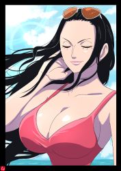 Rule 34 | 1girl, black hair, breasts, chris re5, cleavage, dress, closed eyes, highres, large breasts, long hair, nico robin, one piece, red dress, sky, sleeveless, sleeveless dress, solo, sunglasses, sunglasses on head, upper body