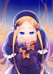 Rule 34 | 1girl, abigail williams (fate), absurdres, black bow, black dress, black hat, blonde hair, blue eyes, blush, bow, closed mouth, commentary request, dress, fate/grand order, fate (series), forehead, hair bow, hands up, hat, highres, kiri sakura, long hair, long sleeves, looking at viewer, multiple hair bows, orange bow, parted bangs, polka dot, polka dot bow, sleeves past fingers, sleeves past wrists, smile, solo, star (symbol), starry background, upper body, very long hair