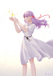 Rule 34 | 1girl, amberdl, artist name, breasts, bug, butterfly, collared dress, commentary request, dress, fate/stay night, fate (series), feet out of frame, gradient background, hair ribbon, hands up, heaven&#039;s feel, highres, insect, long hair, matou sakura, medium breasts, official alternate costume, parted lips, puffy short sleeves, puffy sleeves, purple eyes, purple hair, red ribbon, ribbon, short sleeves, solo, tears, white dress