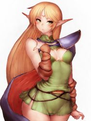 Rule 34 | 1girl, arm strap, armor, bare shoulders, belt, blonde hair, blush, breasts, breasts apart, cameltoe, cape, circlet, cleavage, cleavage cutout, closed mouth, clothing cutout, covered erect nipples, cowboy shot, deedlit, detached sleeves, dress, elf, fumio (rsqkr), green dress, green eyes, halterneck, hand on own shoulder, hand up, impossible clothes, long hair, long pointy ears, looking at viewer, no bra, parted bangs, pauldrons, pointy ears, record of lodoss war, short dress, shoulder armor, sketch, sleeveless, sleeveless dress, small breasts, solo, standing, turtleneck, very long hair