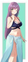 Rule 34 | 1girl, ;), absurdres, bikini, blue bikini, blue sarong, blush, border, breasts, cleavage, closed eyes, collarbone, commentary request, feet out of frame, green background, green eyes, hand up, highres, large breasts, link! like! love live!, long hair, looking at viewer, love live!, multi-strapped bikini top, navel, nyako (utaneko31), official alternate costume, official alternate hairstyle, one eye closed, otomune kozue, outside border, purple hair, sarong, smile, solo, split mouth, stomach, swimsuit, virtual youtuber, white border