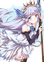 Rule 34 | 10s, 1girl, bare shoulders, blue eyes, copyright request, detached sleeves, dress, granblue fantasy, hairband, haruyuki (yukichasoba), lily (granblue fantasy), long hair, pointy ears, silver hair, simple background, solo, staff, thighhighs