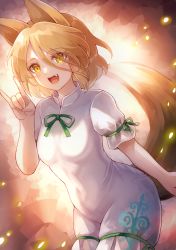 Rule 34 | 1girl, 60mai, :d, animal ears, blonde hair, breasts, cowboy shot, dutch angle, eyes visible through hair, fang, fox ears, fox shadow puppet, fox tail, hair between eyes, hand up, jumpsuit, kudamaki tsukasa, light blush, light particles, looking at viewer, medium breasts, open mouth, romper, short hair, simple background, smile, solo, tail, touhou, white jumpsuit, yellow eyes