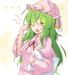 Rule 34 | ..., 1girl, aka tawashi, blush, breasts, capelet, closed eyes, commentary request, crescent print, dress, eyes visible through hair, green hair, hand up, hat, highres, holding, holding pillow, kazami yuuka, kazami yuuka (pc-98), long hair, long sleeves, medium breasts, neck ribbon, nightcap, nightgown, open mouth, pillow, pink capelet, pink dress, pink hat, red ribbon, ribbon, solo, star (symbol), star print, touhou, touhou (pc-98), upper body, white background, wide sleeves, yellow background