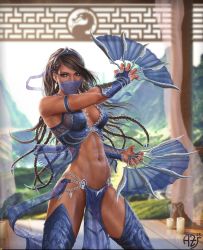 Rule 34 | 10s, 1girl, 2015, abs, absurdres, andrey zheltov, armlet, artist name, artist request, backlighting, bikini, blue bikini, blue thighhighs, blurry, braid, breasts, bridal gauntlets, brown hair, candle, chain, cleavage, cowboy shot, cross-laced clothes, curtains, depth of field, dual wielding, earrings, eyelashes, fighting stance, fingernails, folding fan, french braid, hair ornament, hand fan, highres, holding, holding weapon, jewelry, kitana, lace, lace-trimmed bikini, lace trim, leather, long fingernails, long hair, looking at viewer, makeup, mascara, mask, midway, mortal kombat (series), mortal kombat 9, mountain, mouth mask, multiple braids, muscular, muscular female, navel, ninja, pelvic curtain, photorealistic, realistic, revealing clothes, scar, see-through, smoke, solo, sunlight, swept bangs, swimsuit, tan, thighhighs, tiara, toned, weapon, wooden floor
