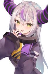 Rule 34 | 1girl, absurdres, ahoge, bad id, bad twitter id, blush, braid, collar, commentary, hair between eyes, hand to own mouth, hand up, highres, hololive, holox, horns, jacket, la+ darknesss, la+ darknesss (1st costume), long hair, long sleeves, looking at viewer, metal collar, multicolored hair, open mouth, pointy ears, purple hair, purple jacket, silver hair, simple background, smile, solo, streaked hair, striped horns, upper body, virtual youtuber, warayanuko, white background, yellow eyes, yellow neckwear