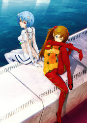 Rule 34 | 00s, 2girls, ass, ayanami rei, bad deviantart id, bad id, blue eyes, blue hair, bodysuit, breasts, brown hair, butt crack, covered erect nipples, duplicate, evangelion: 2.0 you can (not) advance, hair ornament, highres, long hair, multicolored clothes, multiple girls, navel, neon genesis evangelion, one eye closed, plugsuit, rebuild of evangelion, red eyes, redjuice, short hair, sitting, small breasts, souryuu asuka langley, test plugsuit, water, wink