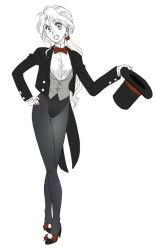 Rule 34 | 1990s (style), bow, bowtie, coat, earrings, final fantasy, final fantasy iv, hat, high heels, jewelry, long hair, magician, pantyhose, ponytail, rosa farrell, shoes, smile, soranokaze15, top hat, vest