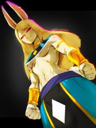 Rule 34 | 1girl, bare shoulders, black sclera, blonde hair, breasts, colored sclera, cosplay, crossdressing, dragon ball, dragon ball super, female focus, furry, furry female, god of destruction beerus, god of destruction beerus (cosplay), gold, highres, long hair, looking at viewer, looking down, medium breasts, midriff, mink tribe, muart242, muscular, muscular female, navel, one piece, ornament, rabbit, rabbit ears, rabbit girl, rabbit tail, red eyes, saria (dragon ball heroes), solo, wide hips