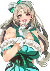 Rule 34 | 10s, 1girl, alternate breast size, bad anatomy, blush, breasts, brown eyes, bursting breasts, gero 1992, gloves, grey hair, hair ribbon, huge breasts, kira-kira sensation!, lips, long hair, looking at viewer, love live!, love live! school idol project, minami kotori, parted lips, red lips, ribbon, side ponytail, simple background, white background