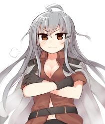 Rule 34 | &gt;:), 1girl, ahoge, belt, black gloves, blush, breasts, brown eyes, cleavage, commentary, crossed arms, scar on face, gangut (kancolle), gloves, grey hair, hair ornament, hairclip, highres, jacket, jacket on shoulders, kantai collection, long hair, looking at viewer, medium breasts, navel, scar, scar on cheek, scar on face, simoyuki, simple background, smile, solo, upper body, white background