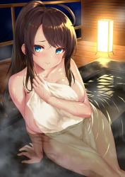 Rule 34 | 1girl, areola slip, arm support, bathing, blue eyes, blush, breasts, brown eyes, collarbone, covering privates, hand up, high ponytail, highres, holding, holding towel, lamp, large breasts, leaning to the side, long hair, looking at viewer, nervous smile, night, nude cover, onsen, original, parted bangs, partially submerged, ponytail, shiny skin, sidelocks, sigma rio, sitting, smile, solo, towel, wet, wide hips, wooden floor