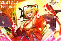 Rule 34 | .live, arm up, armpits, blonde hair, breasts, cleavage, commentary request, concert, dated, detached sleeves, english text, gloves, green eyes, kongou iroha, large breasts, long hair, looking at viewer, one eye closed, open mouth, rune (ru-nn), stage, virtual youtuber