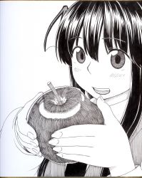 Rule 34 | 1girl, :d, apple, bat wings, bitten apple, blush, close-up, colored pencil (medium), commentary request, fingernails, food, food bite, fruit, greyscale, head wings, holding, holding food, holding fruit, koakuma, long hair, looking at viewer, monochrome, open mouth, photo (medium), poronegi, simple background, smile, solo, touhou, traditional media, white background, wings