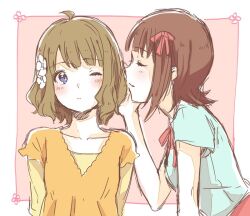 Rule 34 | 2girls, ahoge, amami haruka, blonde hair, blue eyes, blue shirt, blue sleeves, blush stickers, border, bow, bowtie, brown hair, closed eyes, collarbone, commentary request, eyelashes, flower, from side, hair bow, hair flower, hair ornament, hand on another&#039;s ear, idolmaster, idolmaster million live!, layered sleeves, light blush, long sleeves, looking at another, medium hair, multiple girls, one eye closed, orange shirt, orange sleeves, parted lips, pink background, pink bow, pink bowtie, pink skirt, shirt, short over long sleeves, short sleeves, sketch, skirt, smile, suou momoko, t-shirt, upper body, white border, white flower, witoi (roa), yellow shirt, yellow sleeves