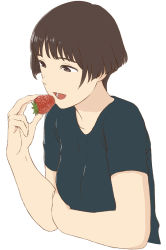 Rule 34 | 1girl, bob cut, breasts, brown eyes, brown hair, food, fruit, gake no ue no ponyo, graphite (medium), jas (littlecrime), lisa (ponyo), open mouth, shirt, short hair, simple background, smile, solo, strawberry, traditional media, white background