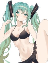 Rule 34 | 1girl, absurdres, aqua eyes, aqua hair, arm tattoo, bare shoulders, bikini, bikini skirt, black background, black bikini, blush, breasts, cleavage, closed mouth, coco irasuto, collarbone, frown, gradient hair, green hair, hair between eyes, hair ornament, hand on own thigh, hand up, hatsune miku, highres, large breasts, leg up, long hair, looking at viewer, multicolored hair, navel, number tattoo, simple background, skirt, solo, standing, standing on one leg, stomach, swimsuit, tattoo, twintails, two-tone hair, very long hair, vocaloid, white background
