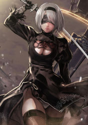Rule 34 | 1girl, akechi shizuku, blindfold, breasts, cleavage, cleavage cutout, clothing cutout, expressionless, feather trim, highres, large breasts, nier (series), nier:automata, panties, see-through, silver hair, solo, sword, thighhighs, underwear, walking, weapon, wind, 2b (nier:automata), zettai ryouiki