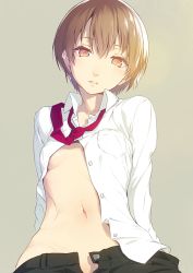Rule 34 | 1girl, arms at sides, beige background, breasts, brown eyes, brown hair, collared shirt, dress shirt, female pubic hair, head tilt, looking at viewer, loose necktie, navel, necktie, nilitsu, no bra, open clothes, open fly, open shirt, original, parted lips, pubic hair, red necktie, shirt, short hair, simple background, small breasts, solo, unbuttoned, unzipped, white shirt