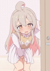 Rule 34 | 1girl, ahoge, bare legs, between legs, blush, brown eyes, colored inner hair, commentary, d:, door, genderswap, genderswap (mtf), grey hair, hair between eyes, hand between legs, have to pee, highres, leaning forward, long hair, long sleeves, looking at viewer, multicolored hair, onii-chan wa oshimai!, open mouth, oyama mahiro, pink hair, pleated skirt, shirt, sidelocks, skirt, solo, tearing up, two-tone hair, unkimo, vest, white shirt, white skirt, wing collar, wooden floor