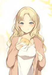 Rule 34 | 1girl, :p, :q, blonde hair, blue eyes, blush, bread slice, breasts, cardigan, closed mouth, collarbone, curly hair, fingernails, food, holding, holding food, licking lips, long hair, long sleeves, looking at viewer, lpip, medium breasts, napkin, original, pointing, shirt, smile, solo, standing, toast, tongue, tongue out, upper body, white shirt