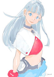 Rule 34 | 1girl, black collar, blue eyes, blue shorts, bright pupils, collar, crop top, from side, grey choker, grey hair, hair behind ear, head tilt, jewelry, listeners, long hair, looking at viewer, midriff, mu (listeners), navel, necklace, pomodorosa, short sleeves, shorts, signature, simple background, sketch, smile, solo, vacuum tube, white background, white pupils