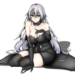 Rule 34 | 1girl, bare shoulders, black gloves, black thighhighs, breasts, cleavage, elbow gloves, fate/grand order, fate (series), gloves, highres, jeanne d&#039;arc (fate), jeanne d&#039;arc alter (avenger) (fate), jeanne d&#039;arc alter (fate), large breasts, long hair, looking at viewer, navel, silver hair, sitting, sleeveless, solo, tetsu (excalibur920), thighhighs, very long hair, yellow eyes