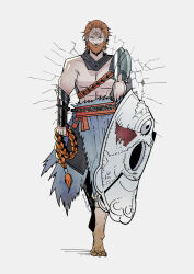 Rule 34 | 1boy, abs, armor, barefoot, beard, chain, crack, denny626, elden ring, facial hair, gauntlets, grey scarf, highres, holding, holding whip, male focus, muscular, muscular male, orange hair, original, pectorals, scarf, shield, short hair, shoulder armor, solo, tarnished (elden ring), walking, white background