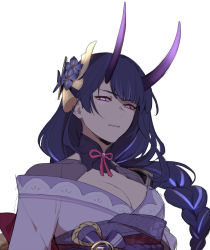 Rule 34 | 1girl, breasts, cleavage, flower, genshin impact, hair between eyes, hair flower, hair ornament, highres, horns, japanese clothes, long hair, looking at viewer, maiqo, mole, mole under eye, multicolored hair, oni horns, open mouth, ponytail, purple eyes, purple flower, purple hair, raiden shogun, ribbon, solo, streaked hair, symbol-only commentary, tassel, white background, yellow eyes