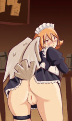 Rule 34 | absurdres, apron, blush, cleft of venus, feathered wings, from behind, harpy, highres, ishuzoku reviewers, maid, maid headdress, meidri, monster girl, orange hair, pussy, red eyes, solo, wings