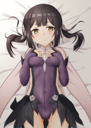 Rule 34 | 1girl, absurdres, bed, black hair, blunt bangs, blush, breasts, closed mouth, fate/kaleid liner prisma illya, fate (series), feather hair ornament, feathers, hair ornament, hairclip, highres, leotard, looking at viewer, lying, magical girl, miyu edelfelt, purple leotard, purple sleeves, see-through, sirokohi, small breasts, solo, twintails, yellow eyes