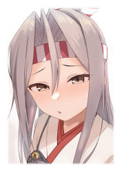 Rule 34 | 1girl, blush, border, brown eyes, commentary request, grey hair, hachimaki, hair between eyes, headband, highres, japanese clothes, kantai collection, long hair, looking at viewer, muneate, nose blush, parted lips, ponytail, portrait, sakieko, simple background, solo, white border, zuihou (kancolle)
