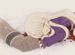 Rule 34 | 1boy, 1girl, blood, bracelet, death, closed eyes, fate/stay night, fate (series), heracles (fate), illyasviel von einzbern, jewelry, long hair, pool of blood, smile, snow, tsubuta hiro, white hair