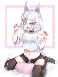 Rule 34 | 1girl, :d, absurdres, animal ears, animal request, bare shoulders, black choker, black shorts, black thighhighs, brown thighhighs, choker, claw pose, colored eyelashes, commission, crop top, hair ornament, hands up, highres, looking at viewer, m.tokotsu, nail polish, navel, no shoes, open clothes, open mouth, open shorts, panties, phase connect, pillow, pillow straddling, pink nails, pixiv commission, short shorts, shorts, smile, solo, stomach, teeth, tenma maemi, thighhighs, underwear, upper teeth only, virtual youtuber, white panties