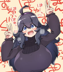 Rule 34 | 1girl, @ @, ahoge, black dress, black hair, blue eyes, blush, breasts, creatures (company), double v, dress, eyes visible through hair, game freak, hair between eyes, hairband, hex maniac (pokemon), huge breasts, long hair, long sleeves, looking at viewer, nintendo, open mouth, pokemon, pokemon xy, simple background, smile, solo, sweat, teeth, toudori, translation request, turtleneck, upper body, upper teeth only, v, yellow background