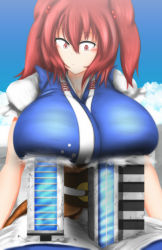 Rule 34 | 1girl, absurdres, bad id, bad nicoseiga id, blush, breast rest, breasts, destruction, female focus, giant, giantess, hair bobbles, hair ornament, highres, large breasts, neva, onozuka komachi, red eyes, red hair, short hair, sky, solo, touhou, twintails, two side up