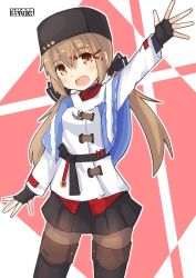 Rule 34 | 1girl, :d, black bow, black gloves, black skirt, blue shawl, blush, boots, bow, brown eyes, brown footwear, brown hair, brown thighhighs, cowboy shot, fingerless gloves, fur hat, gloves, hair bow, hair ornament, hairclip, hand up, hat, highres, jacket, kantai collection, long hair, looking at viewer, open mouth, pantyhose, papakha, pepatiku, pleated skirt, shawl, skirt, smile, solo, tashkent (kancolle), thigh boots, thighhighs, twintails, white jacket