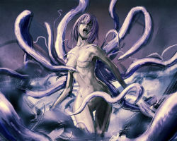 Rule 34 | 1girl, breasts, colored skin, commentary request, dust, feet out of frame, gauna, grey skin, hair between eyes, kath, looking at viewer, medium breasts, medium hair, monster, navel, nude, open mouth, science fiction, sidonia no kishi, standing, stomach, teeth, tentacles, thighs, yamano eiko