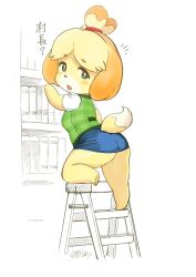 Rule 34 | 1girl, animal crossing, animal ears, arm up, artist name, ass, barefoot, bell, black eyes, blonde hair, blue skirt, blush, blush stickers, book, bookshelf, breasts, brown eyes, clothes lift, dog ears, dog girl, dog tail, female focus, from behind, full body, furry, furry female, green vest, hair bell, hair ornament, hair tie, isabelle (animal crossing), japanese text, jingle bell, jpeg artifacts, kneeling, ladder, leg up, looking back, looking to the side, nintendo, no panties, on one knee, open mouth, pencil skirt, shirt, short hair, short sleeves, signature, skirt, skirt lift, small breasts, solo, stepladder, tail, talking, teeth, topknot, translation request, vest, white background, white shirt, yosiura