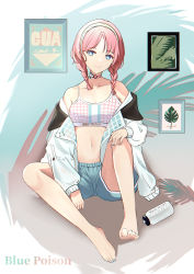 Rule 34 | 1girl, absurdres, arknights, blue eyes, blue nails, blue poison (arknights), blue poison (shoal beat) (arknights), blue shorts, bottle, braid, character name, chinese commentary, choker, fotis, full body, hairband, highres, knee up, long hair, looking at viewer, midriff, nail polish, o-ring, o-ring choker, off shoulder, official alternate costume, pink choker, pink hair, scales, shorts, sitting, smile, solo, sports bra, twin braids, water bottle, white hairband, white sports bra