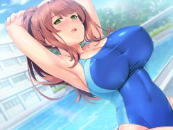 Rule 34 | 1girl, armpits, arms up, bare arms, blush, breasts, brown hair, building, cleavage, covered navel, day, earrings, covered erect nipples, game cg, green eyes, high ponytail, huge breasts, inosaki mako, jewelry, looking at viewer, mochizuki nozomu, open mouth, original, outdoors, ponytail, pool, saimin class wonderful, sky, sleeveless, solo, swimsuit, taut clothes, upper body, water