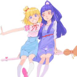 Rule 34 | 2girls, akinbo (hyouka fuyou), asahina mirai, blonde hair, blue eyes, blue shorts, blunt bangs, bow, broom, broom riding, dress, grin, hair bow, hand on hand, head tilt, high-waist shorts, high ponytail, izayoi liko, kneehighs, long hair, looking at viewer, mahou girls precure!, multiple girls, neck ribbon, one side up, open mouth, outstretched arm, pinafore dress, pink footwear, pink shirt, precure, purple dress, purple hair, purple shirt, red bow, red eyes, red ribbon, rei no himo, ribbon, shirt, short dress, short hair, short sleeves, shorts, simple background, sitting, sleeveless, sleeveless dress, smile, socks, strapless, strapless dress, very long hair, white background, white legwear